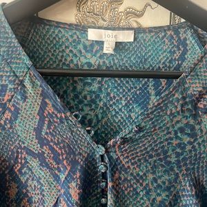 Joie 100% silk top, long, green, blue print